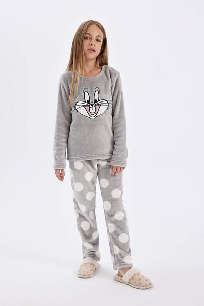 DeFacto Set de pijamale Looney Tunes pentru fete - Set de pluș, mâneci lungi, top și fund D1069a824wn