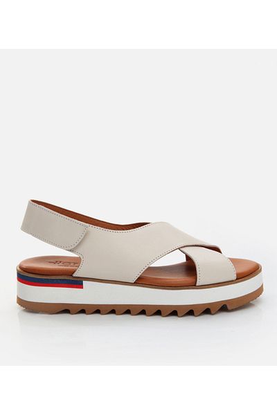 Hotiç Women's Flat Sandals - Genuine Leather and Bone Color