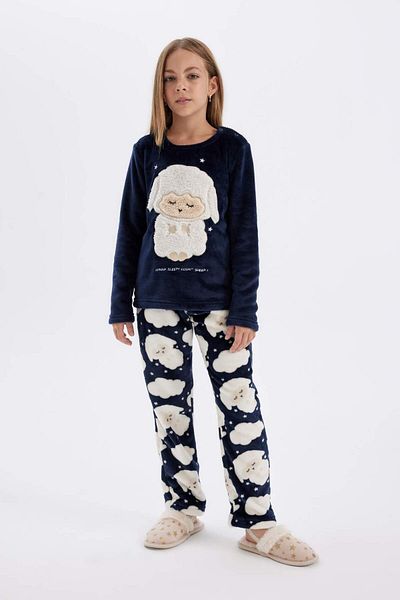 DeFacto Girls' Pajamas Suit Plush Long Sleeve Top with Elastic Waist Long Bottom D1083A824Wn