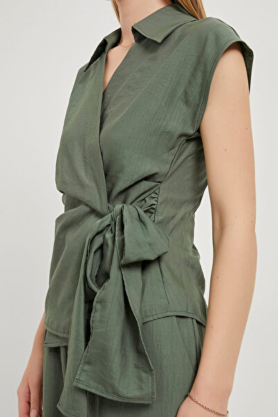 Arma Life Women's Sleeveless Blouse Elastic Pants Khaki Double Bottom Top Set