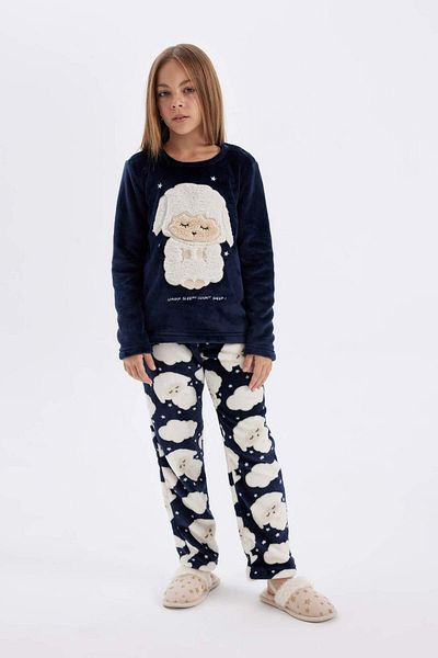 DeFacto Girls' Pajamas Suit Plush Long Sleeve Top with Elastic Waist Long Bottom D1083A824Wn