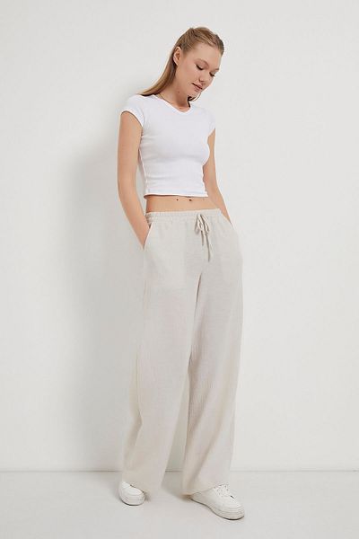 Arma Life Women's Elastic Waist Cotton Cream Baggy Loose Trousers