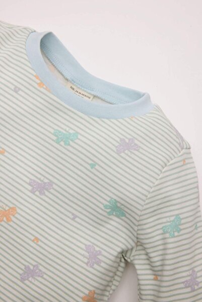 DeFacto Kız Bebek Pijama Takım Kelebek Desenli Bisiklet Yaka Uzun Kollu Üst Beli Lastikli Uzun Alt D3440A524