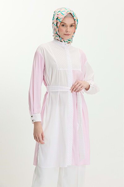 Setrms 25Y24067 TUNİK GÖMLEK GİZLİ DÜĞMELİ ÇİZGİLİ BEL KUŞAKLI PEMBE
