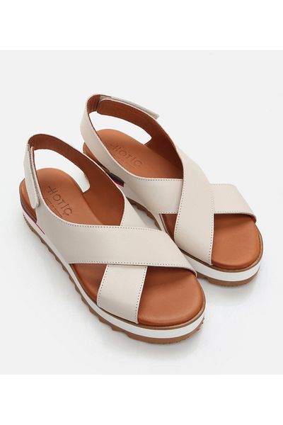 Hotiç Women's Flat Sandals - Genuine Leather and Bone Color