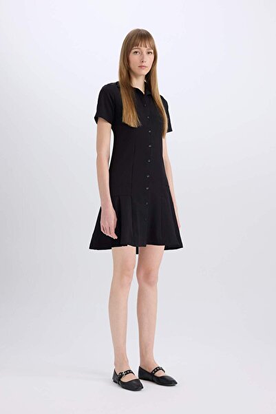 DeFacto Polo Yaka Basic Düz Kısa Kollu Pileli Mini Elbise D4203AX24AU