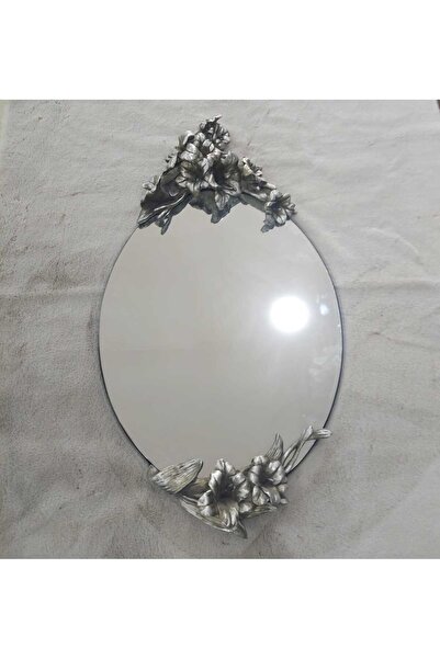 esdekor 46x85cm Oval Ayna Çiçek Motifli Gümüş Renk Mobilya Dekorasyon 1 Adet