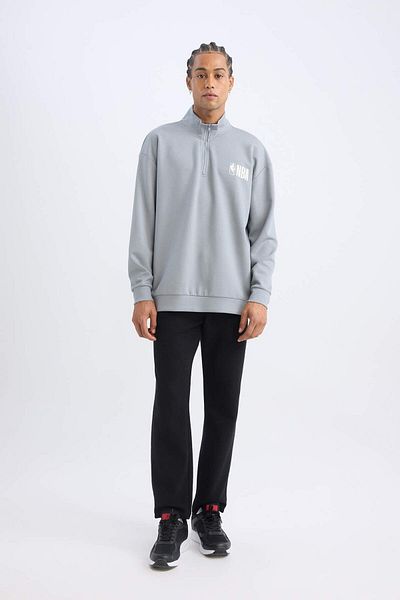 DeFacto Defactofit Nba Wordmark Oversize Wide Fit Zipper Stand Collar Back Printed Skuba Diver Fabric Swea