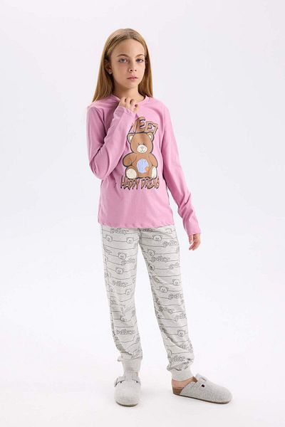 DeFacto Girls' Pajamas Set Teddy Bear Printed Long Sleeve Top with Elastic Waist Patterned Long Bottom D2108A824Au