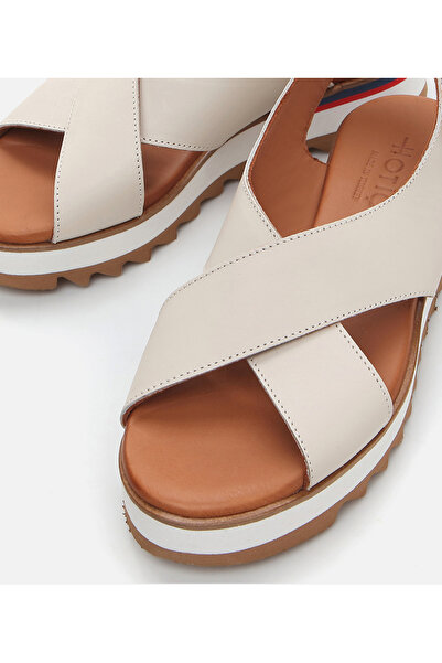 Hotiç Women's Flat Sandals - Genuine Leather and Bone Color