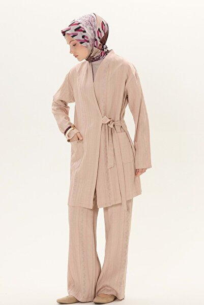 Setrms 25Y22427167 TAKIM KİMONO PANTOLON YANDAN BAĞLAMALI CEPLİ BEJ