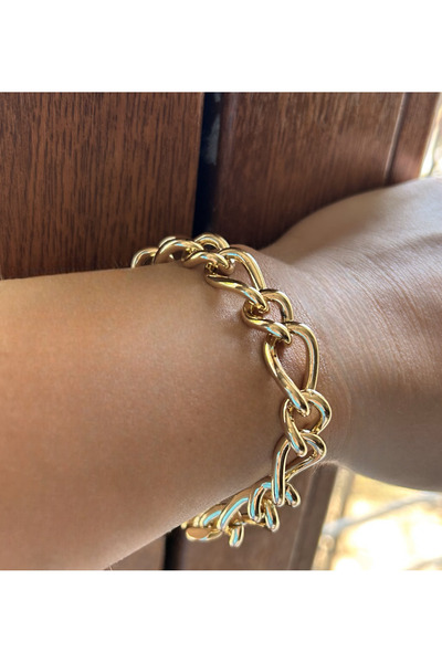 Butik Geniş Zincir Formlu Bileklik Noa, 14k Gold Renk, İç içe Geçen Halka Tas...