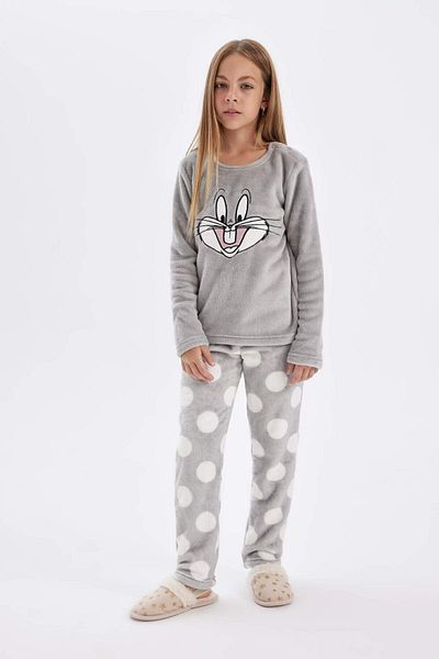 DeFacto Set de pijamale Looney Tunes pentru fete - Set de pluș, mâneci lungi, top și fund D1069a824wn