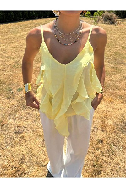 bobitex eni Sezon Ayarlanabilir Askılı Fırfırlı Viskon Kumaş Bluz