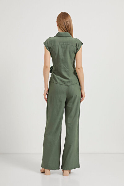 Arma Life Women's Sleeveless Blouse Elastic Pants Khaki Double Bottom Top Set