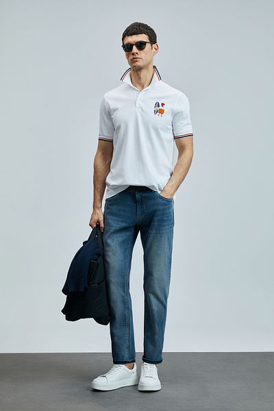Lufian Tricou alb cu gât polo pentru bărbați Sansa (111040218)
