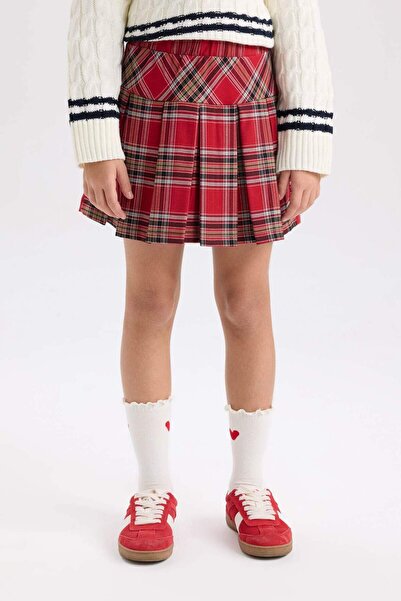 DeFacto Girl's Red Pleated Plaid Gabardine School Skirt D3945A824Wn