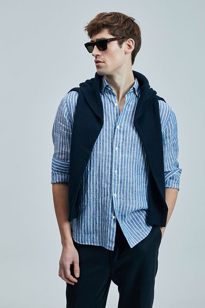 Lufian Ανδρικό λινό βαμβακερό πουκάμισο Alfred Regular Fit Blue