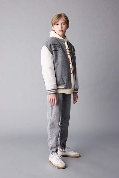 DeFacto Boy's Pocketed Bomber Jacket - College Collar, Snap Closure C5982A824Au