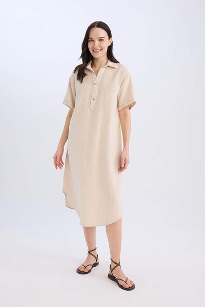 DeFacto Regular Fit Button Polo Neck Basic Plain Muslin Short Sleeve Midi Dress D5363Ax24Au