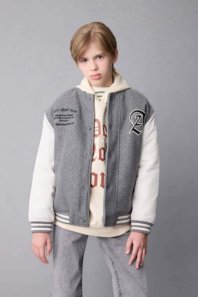 DeFacto Boy's Pocketed Bomber Jacket - College Collar, Snap Closure C5982A824Au
