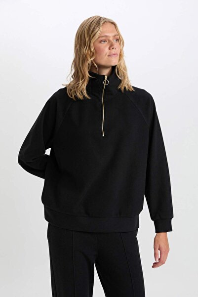 DeFacto Regular Fit Half Zipper Stand Collar Basic Plain Sweatshirt D9009Ax24Wn