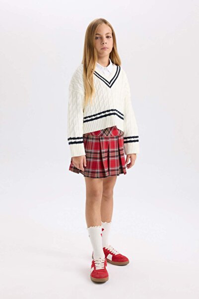 DeFacto Girl's Red Pleated Plaid Gabardine School Skirt D3945A824Wn