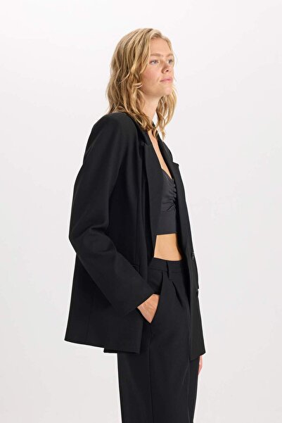 DeFacto Oversize Geniş Kalıp Blazer Ceket Kruvaze Yaka Düğmeli Basic Düz Blazer Ceket C2575AX24AU