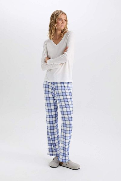 DeFacto Set pijamale cu decolteu în V cu mâneci lungi Basic Solid Top în carouri Talie elastică Partea de jos-Fall in Love C5438AX24AU