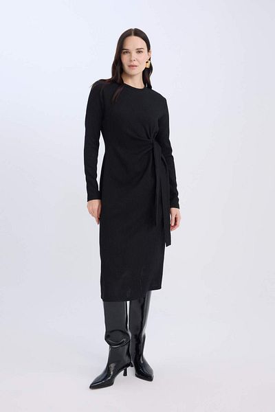 DeFacto Rochie maxi neagră cu mânecă lungă, cu talie simplă, cu șireturi, D6553AX24WN