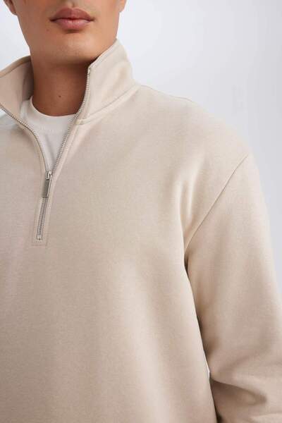 DeFacto 3 İplik Pamuklu Şardonlu İçi Polarlı Comfort Regular Fit Rahat Kalıp Dik Yaka Fermuarlı Kalın Sweats