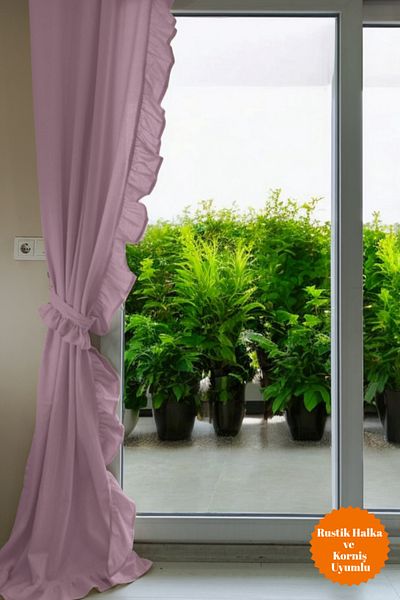 MZN Home Ruffled Pink Color Vintage Linen Curtain (W X H) - Single Wing - Lacing Gift