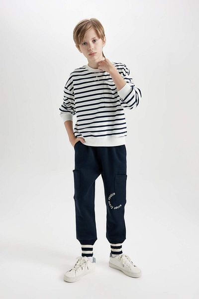 DeFacto Pantaloni de sport cu imprimeu pentru băiat, albastru bleumarin, cu talie elastică D1914A824WN