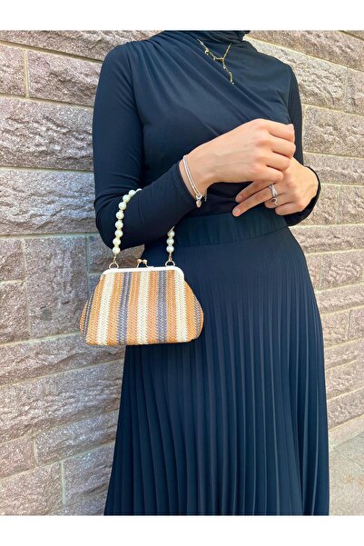 EBROU Straw Handbag with Soley Pearls and Chain Cross Shoulder Bag