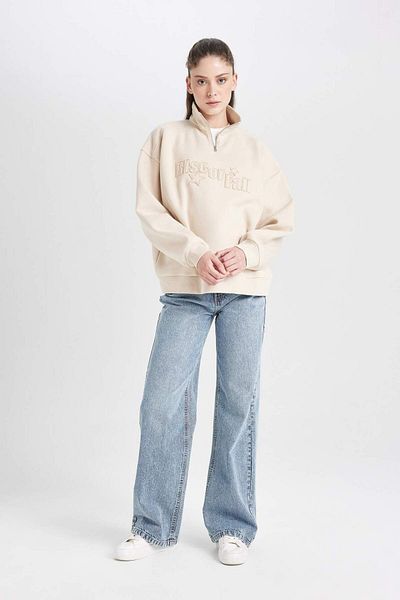 DeFacto Loose Fit Half Zippered Stand Collar Printed Thick Sweatshirt 3183778