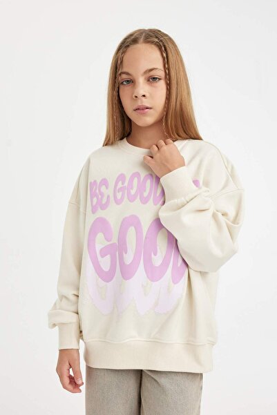 DeFacto Kız Çocuk Oversize Geniş Kalıp Bisiklet Yaka Baskılı Sweatshirt D2880A824WN