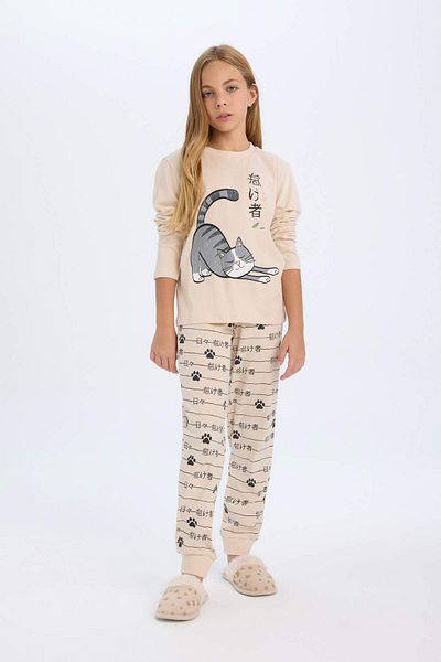 DeFacto Girls Pajamas Set Cat Printed Long Sleeve Top Long Bottom D2118A824Au