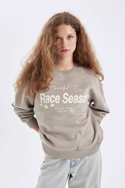 DeFacto Loose Fit Bisiklet Yaka Baskılı Kalın Sweatshirt C7814AX24WN
