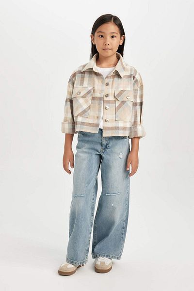 DeFacto Girls Plaid Double Pocket Crop Long Sleeve Shirt D2660A824Au