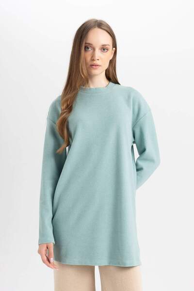 DeFacto Regular Fit Bisiklet Yaka Selanik Kumaş Uzun Kollu Basic Düz Tişört Tunik B3552AX24AU
