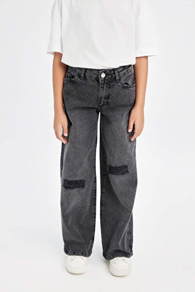 DeFacto Kız Çocuk Wide Leg Jean Pantolon Yırtık Detaylı Geniş Bol Paça Cepli Antrasit D3372A824WN