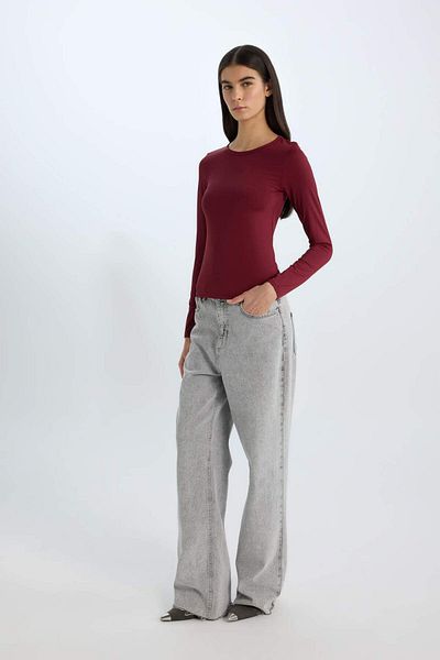 DeFacto Tricou cu mânecă lungă, cu decolteu, slim fit, slim, D3756AX24WN