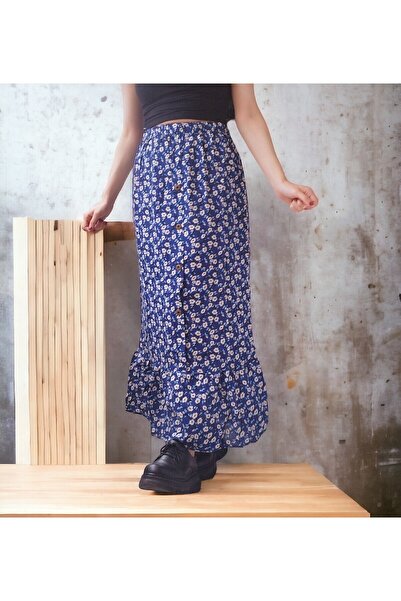 Aslında Look Desenli Dokuma Viskon Düğme Detaylı Beli Lastikli A Kesim Bilek Boy Etek-ürün Boyu 90cm Std Beden