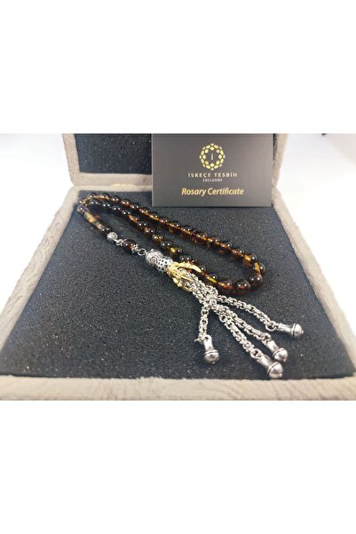 İskeçe Tesbih 925 Ayar Gümüş Püsküllü 17.86 Gr. Yansımalı Dominik Fosilli Kay...