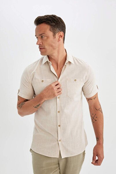 DeFacto Slim Fit Dar Kesim Yazlık Polo Yaka Keten Görünümlü Kısa Kollu Gömlek N9073AZ24SM