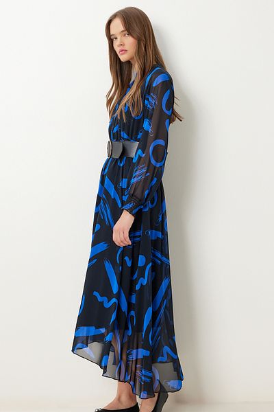 Lovelyİstanbul Rochie din șifon cu volan cu model de centură LFG0063 NEGRU ALBASTRU