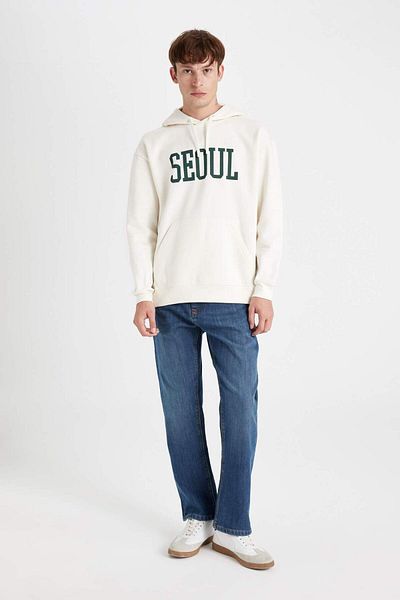 DeFacto Boxy Fit Hooded Pocket Printed Sweatshirt D1780Ax24Wn
