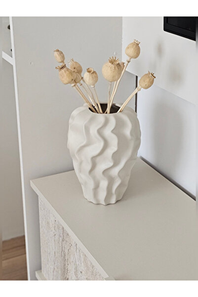 daimahome Dalga Dokulu El Yapımı Seramik Bej Dekoratif Sarmaşık Vazo