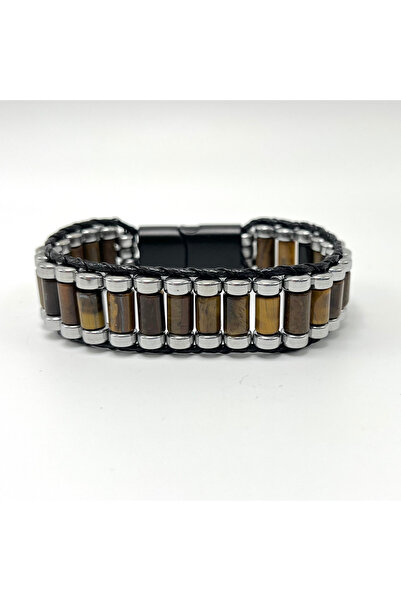 YILDIZ DOĞAL TAŞ Sertifikalı Kaplan Gözü ve Hematit Silindir Kesim Kilitli Doğal Taş Deri Erkek Bileklik