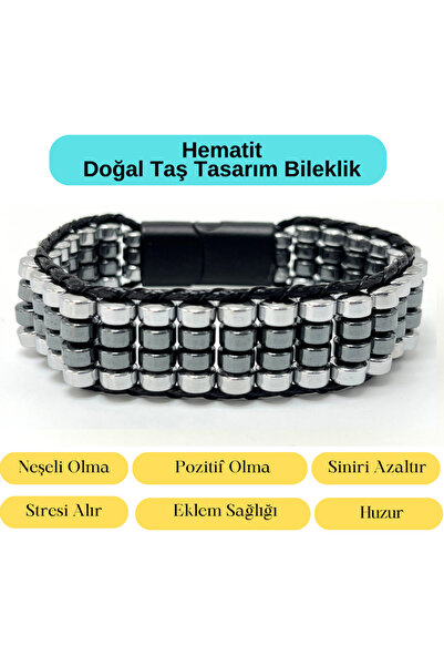 YILDIZ DOĞAL TAŞ Sertifikalı Hematit Doğal Taş Tasarım Erkek Bileklik Gümüş v...